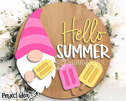Hello Summer Gnome Popsicle Sign, Digital Download, SVG Laser Cut File, Cricut, Round Door Hanger Design