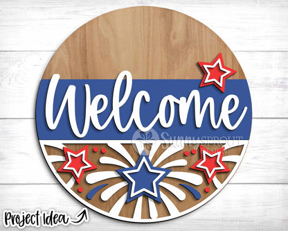 Welcome Fireworks Stars Sign, Digital Download, SVG Laser Cut File, Cricut, Round Door Hanger Design, Patriotic 4th of July Decor