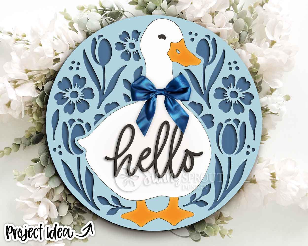 Hello Goose Floral Pattern Sign, Digital download, SVG Laser cut file, Cricut, Round door hanger design, Spring summer decor