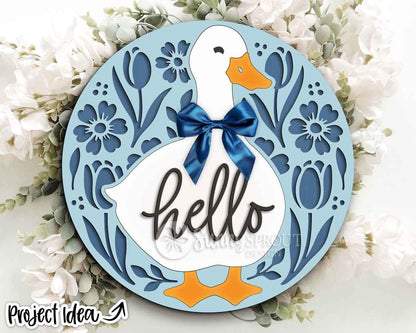 Hello Goose Floral Pattern Sign, Digital download, SVG Laser cut file, Cricut, Round door hanger design, Spring summer decor