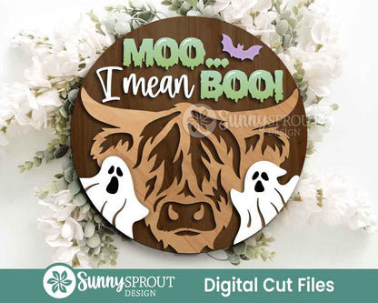 Moo I Mean Boo Highland Cow Sign, Digital Download, SVG Laser Cut File, Cricut, Round Halloween Door Hanger Design, Farm Decor