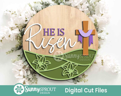 He Is Risen Cross Lily Sign, Digital download, SVG laser cut file, Cricut, Round door hanger design, Christian Easter decor