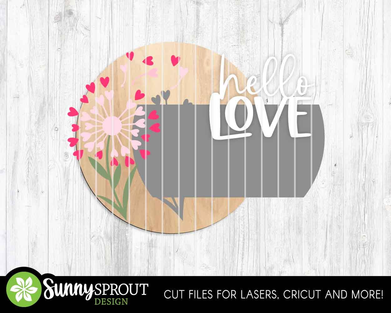 Hello Love Dandelion Hearts Sign, Digital Download, SVG Laser Cut File, Cricut, Round Door Hanger Design, Valentine's Day Decor