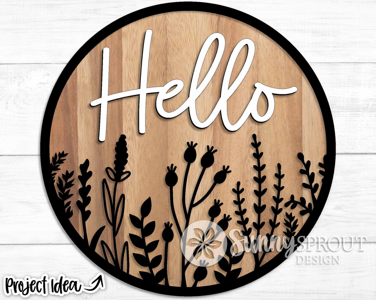 Hello Wildflower Round, Digital Download, SVG Laser Cut File, Cricut, Floral Round Door Hanger Design
