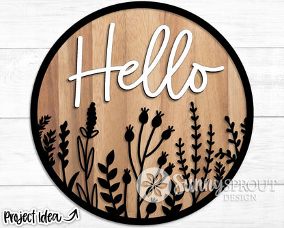 Hello Wildflower Round, Digital Download, SVG Laser Cut File, Cricut, Floral Round Door Hanger Design