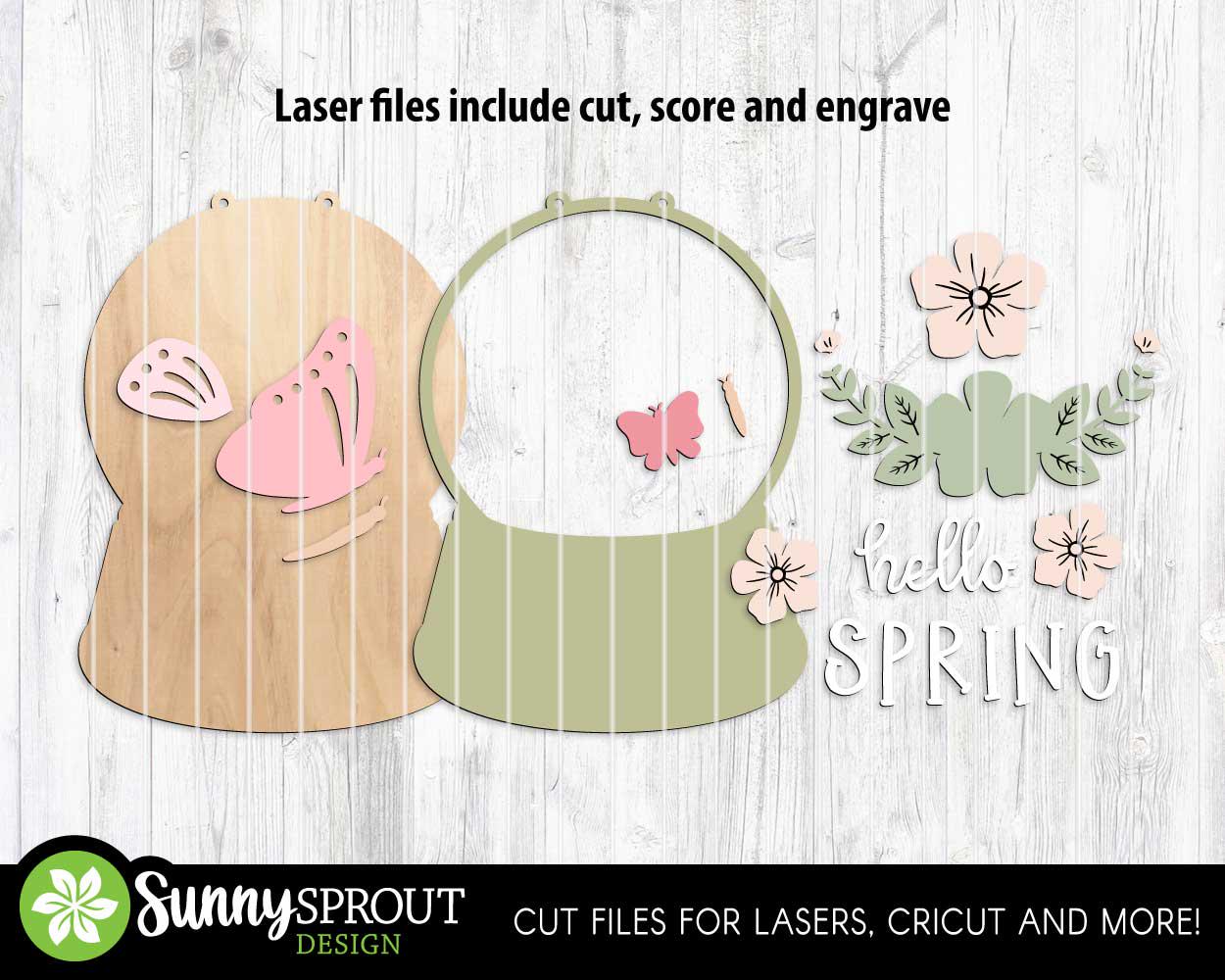 Hello Spring Butterfly Flower Snow Globe Sign, Digital download, SVG Laser cut file, Cricut, Door hanger design