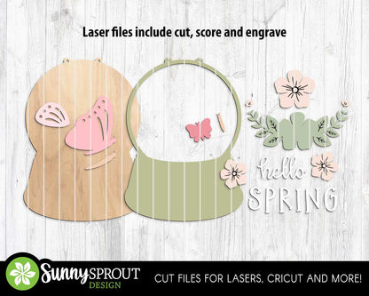 Hello Spring Butterfly Flower Snow Globe Sign, Digital download, SVG Laser cut file, Cricut, Door hanger design