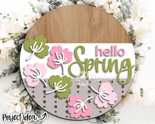 Hello Spring Falling Flowers Sign, Digital download, SVG Laser cut file, Cricut, Round door hanger design