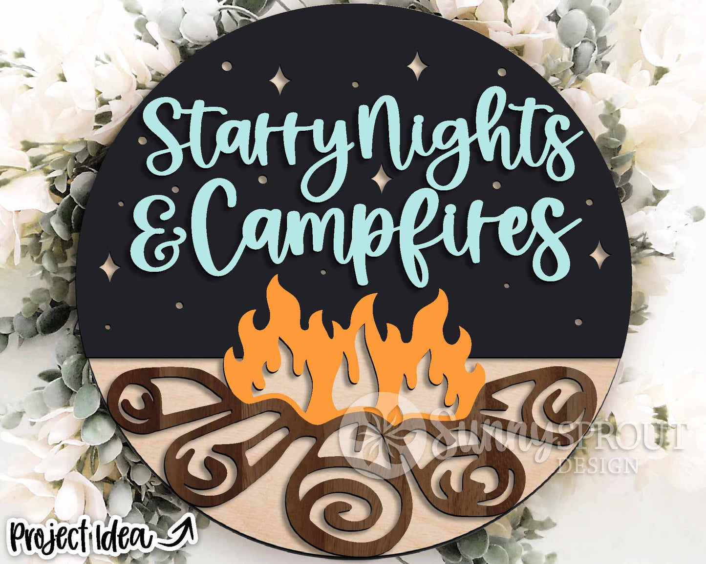 Starry Nights & Campfires Sign, Digital download, SVG Laser cut file, Cricut, Round door hanger design, Camping cabin decor