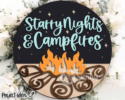Starry Nights & Campfires Sign, Digital download, SVG Laser cut file, Cricut, Round door hanger design, Camping cabin decor