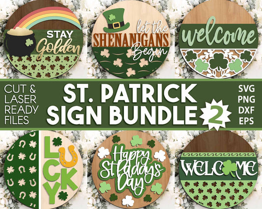 St. Patrick's Day Laser Sign Bundle 2, Round door hanger, Glowforge laser file, Cricut, Shamrock welcome sign, Clover svg