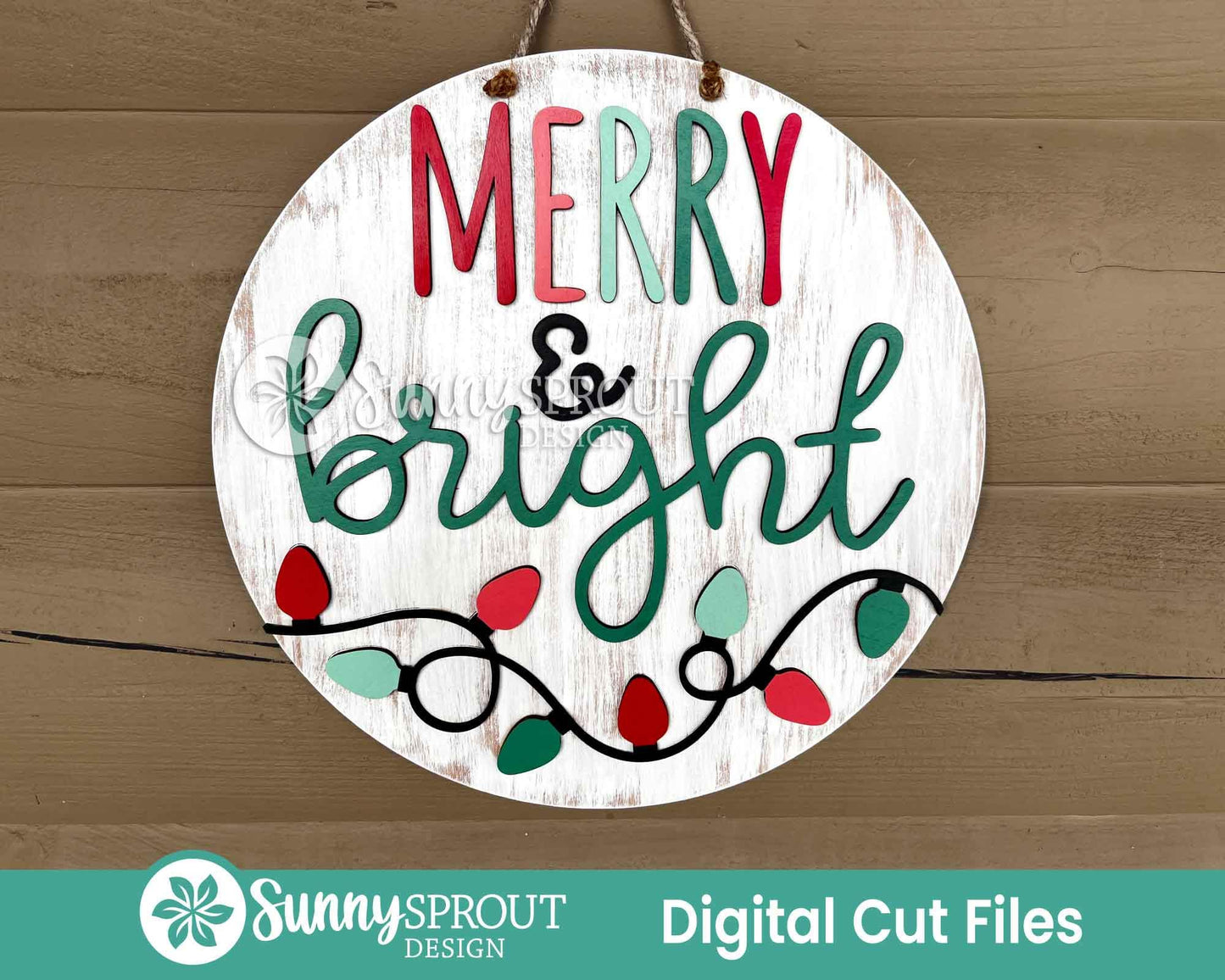 Merry & Bright String Light Sign, Digital Download, SVG Laser Cut File, Cricut, Round Door Hanger Design, Christmas Decor