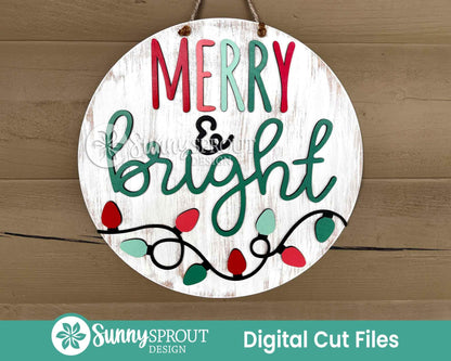 Merry & Bright String Light Sign, Digital Download, SVG Laser Cut File, Cricut, Round Door Hanger Design, Christmas Decor