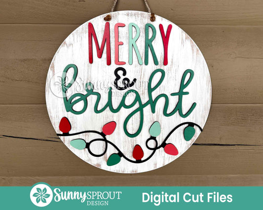 Merry & Bright String Light Sign, Digital Download, SVG Laser Cut File, Cricut, Round Door Hanger Design, Christmas Decor