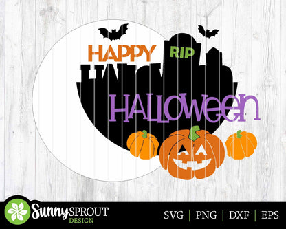 Happy Halloween Graveyard Pumpkin Sign, Digital Download, SVG Laser Cut File, Cricut, Round Halloween Door Hanger Design