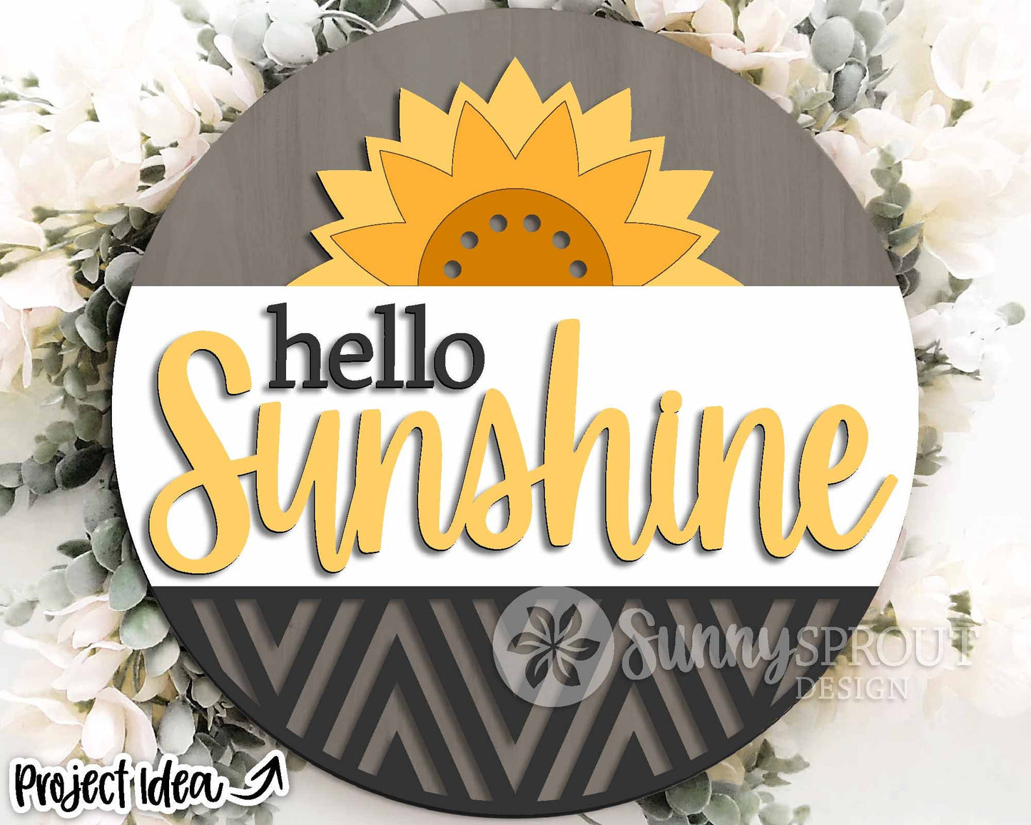 Hello Sunshine Sunflower Geometric Sign, Digital Download, SVG Laser Cut File, Cricut, Summer Round Door Hanger Design