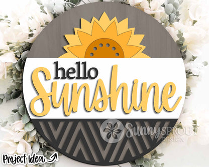 Hello Sunshine Sunflower Geometric Sign, Digital Download, SVG Laser Cut File, Cricut, Summer Round Door Hanger Design