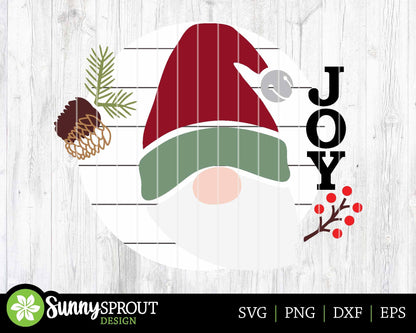 JOY Santa Gnome Sign, Digital Download, SVG Laser Cut File, Cricut, Round Door Hanger Design, Christmas Decor