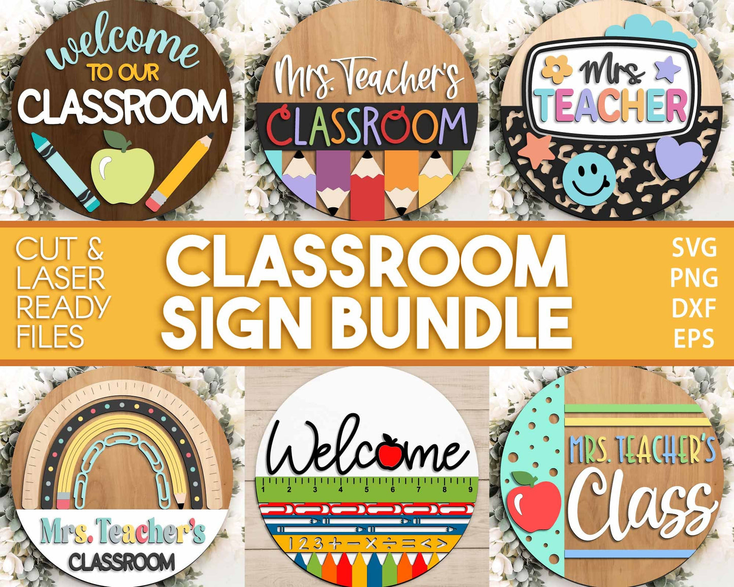 Classroom Sign Bundle, Round door hanger svg, Glowforge laser file, Cricut cut file, Door welcome sign, Teacher name sign