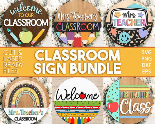 Classroom Sign Bundle, Round door hanger svg, Glowforge laser file, Cricut cut file, Door welcome sign, Teacher name sign