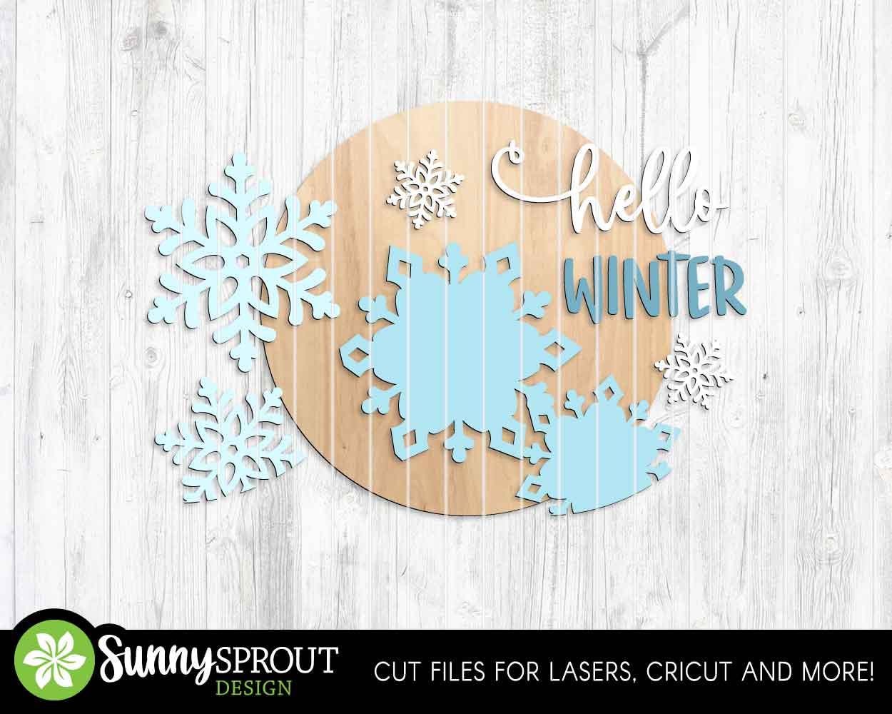 Hello Winter Snowflakes Sign, Round door hanger svg, Glowforge laser file, Cricut, Winter door decor, Winter welcome sign