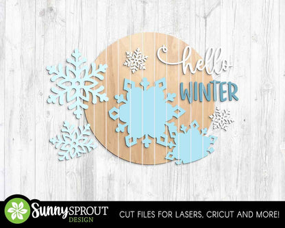 Hello Winter Snowflakes Sign, Round door hanger svg, Glowforge laser file, Cricut, Winter door decor, Winter welcome sign