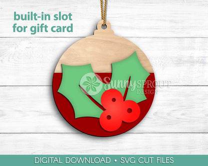 Gift Card Holder Holly Ornament, Digital download, SVG laser cut file, Cricut, Christmas design