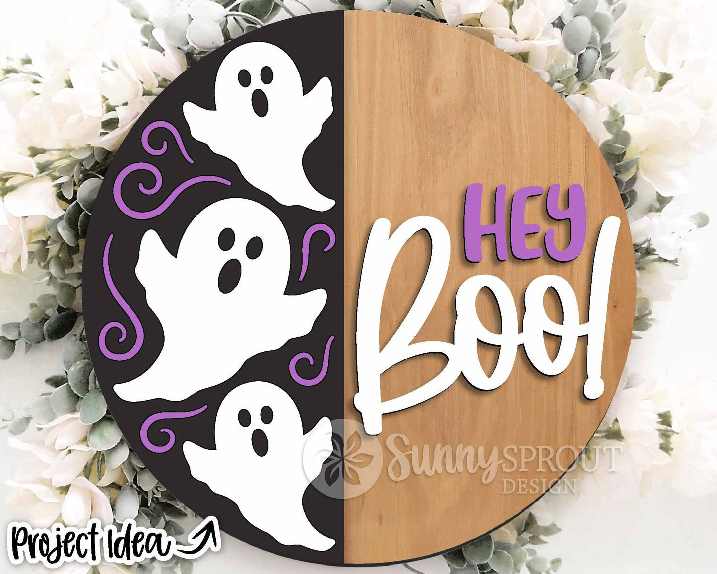 Hey Boo Vertical Ghost Pattern Sign, Digital Download, SVG Laser Cut File, Cricut, Round Halloween Welcome Door Hanger Design