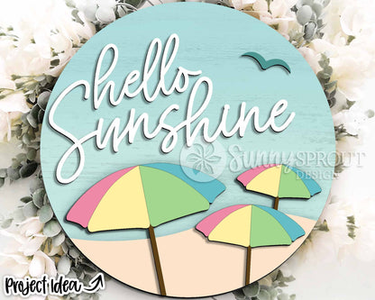 Hello Sunshine Beach Umbrella Sign, Digital download, SVG Laser cut file, Cricut, Round door hanger wall art design, Ocean coastal decor
