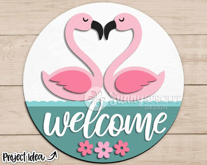 Welcome Flamingo Love Sign, Digital Download, SVG Laser Cut File, Cricut, Summer Round Door Hanger Design