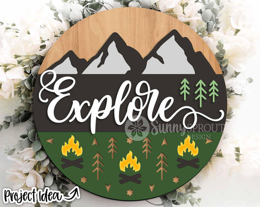 Explore Camp Mountain Sign, Digital download, SVG Laser cut file, Cricut, Round door hanger design, Camping cabin outdoor decor