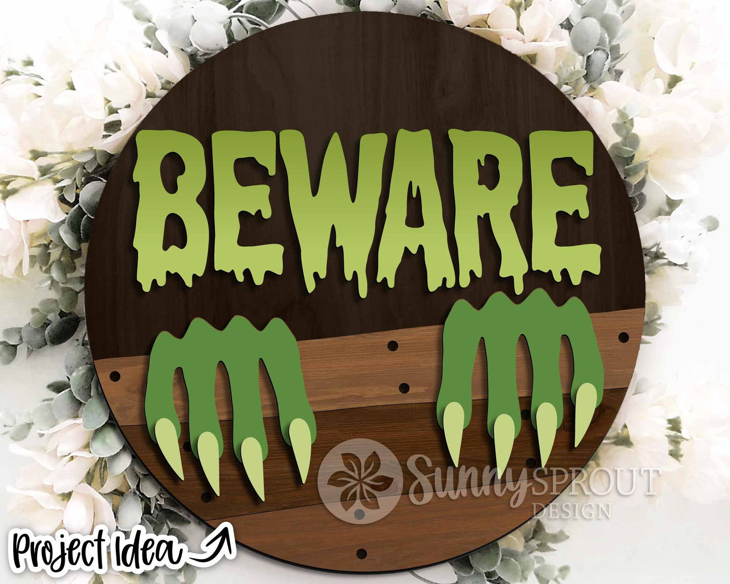 Beware Monster Claws Sign, Digital Download, SVG Laser Cut File, Cricut, Round Spooky Halloween Door Hanger Design