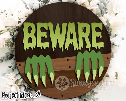 Beware Monster Claws Sign, Digital Download, SVG Laser Cut File, Cricut, Round Spooky Halloween Door Hanger Design