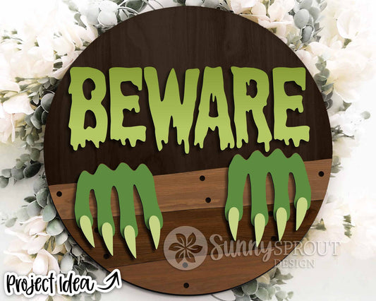 Beware Monster Claws Sign, Digital Download, SVG Laser Cut File, Cricut, Round Spooky Halloween Door Hanger Design