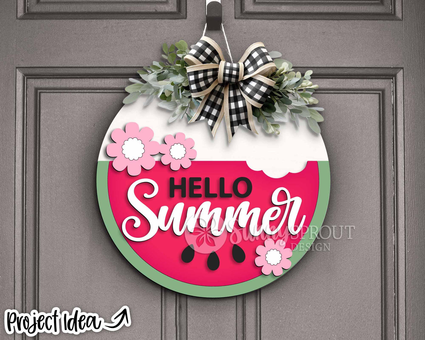 Hello Summer Watermelon Flower Sign, Digital Download, SVG Laser Cut File, Cricut, Round Door Hanger Design