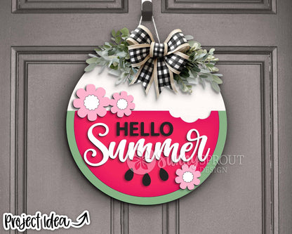 Hello Summer Watermelon Flower Sign, Digital Download, SVG Laser Cut File, Cricut, Round Door Hanger Design