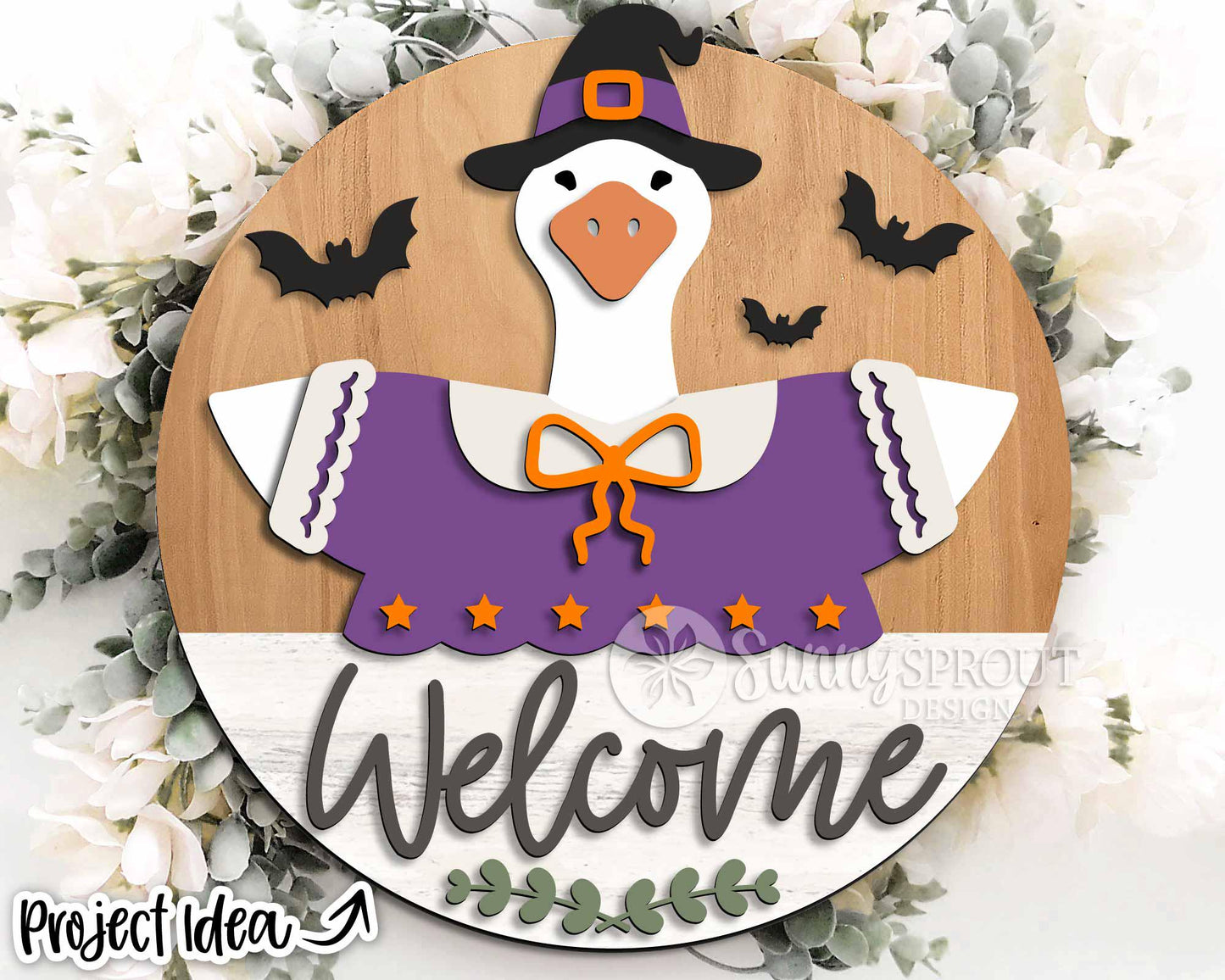 Goose Welcome Halloween Witch Sign, Digital Download, SVG Laser Cut File, Cricut, Round Halloween Door Hanger Design, Interchangeable Outfit