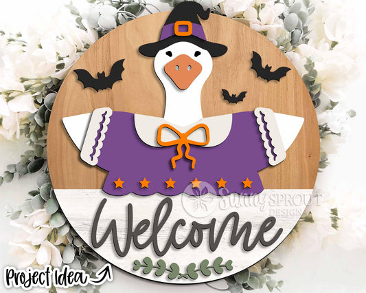 Goose Welcome Halloween Witch Sign, Digital Download, SVG Laser Cut File, Cricut, Round Halloween Door Hanger Design, Interchangeable Outfit