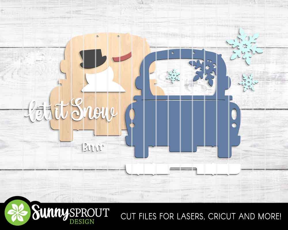 Let It Snow Truck Snowman Sign, Door hanger SVG, Glowforge laser file, Vintage old truck SVG, Winter welcome sign SVG