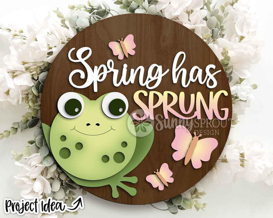 Spring Has Sprung Frog Butterfly Sign, Digital download, SVG Laser cut file, Cricut, Round door hanger design
