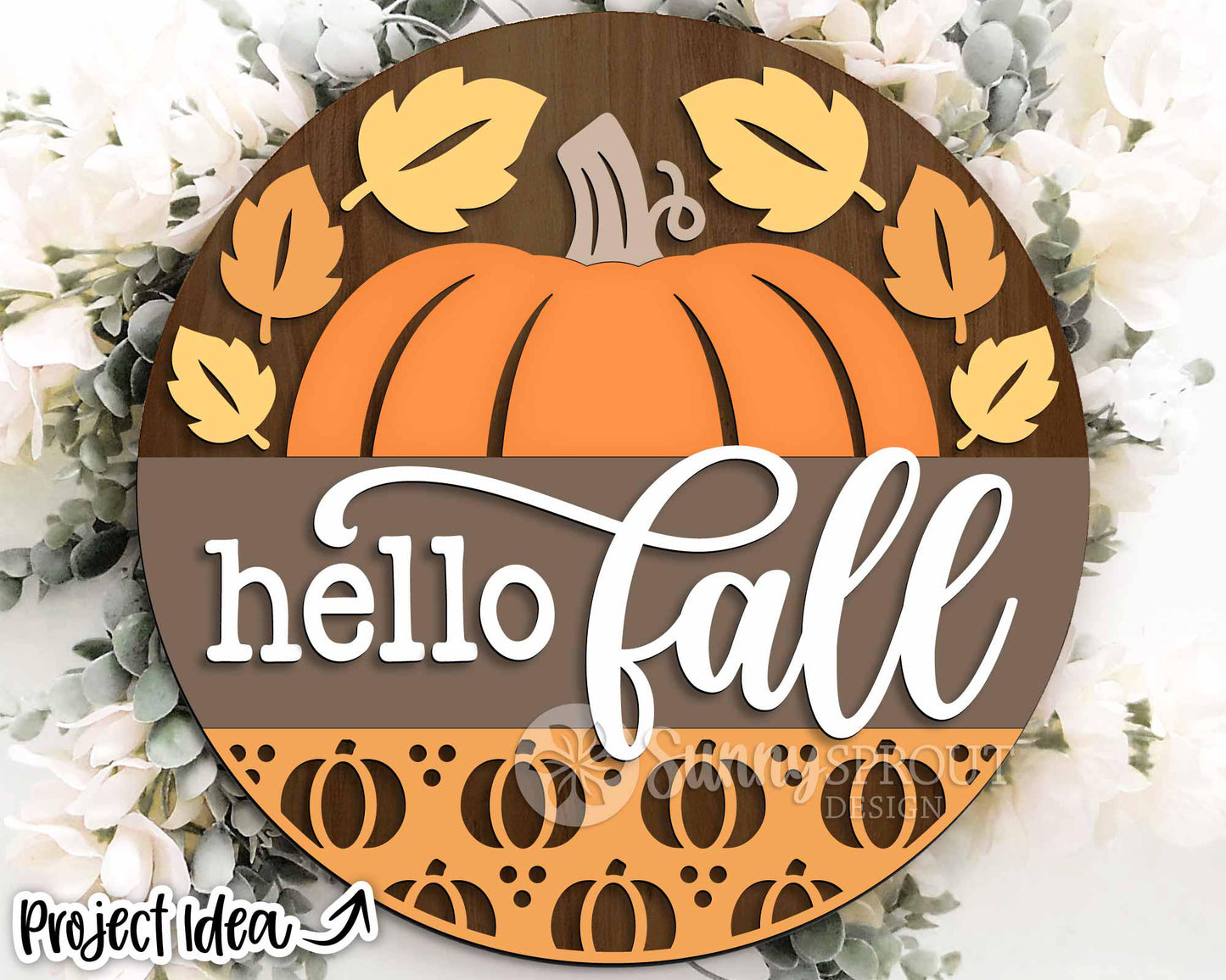 Hello Fall Pumpkin & Leaves Sign, Digital Download, SVG Laser Cut File, Cricut, Round Autumn Door Hanger Design