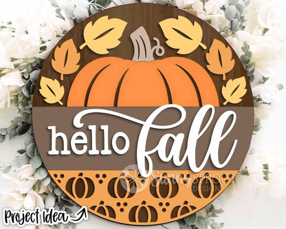 Hello Fall Pumpkin & Leaves Sign, Digital Download, SVG Laser Cut File, Cricut, Round Autumn Door Hanger Design