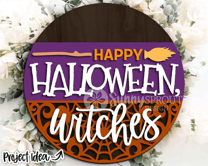 Happy Halloween Witches Sign, Digital Download, SVG Laser Cut File, Cricut, Round Funny Halloween Door Hanger Design