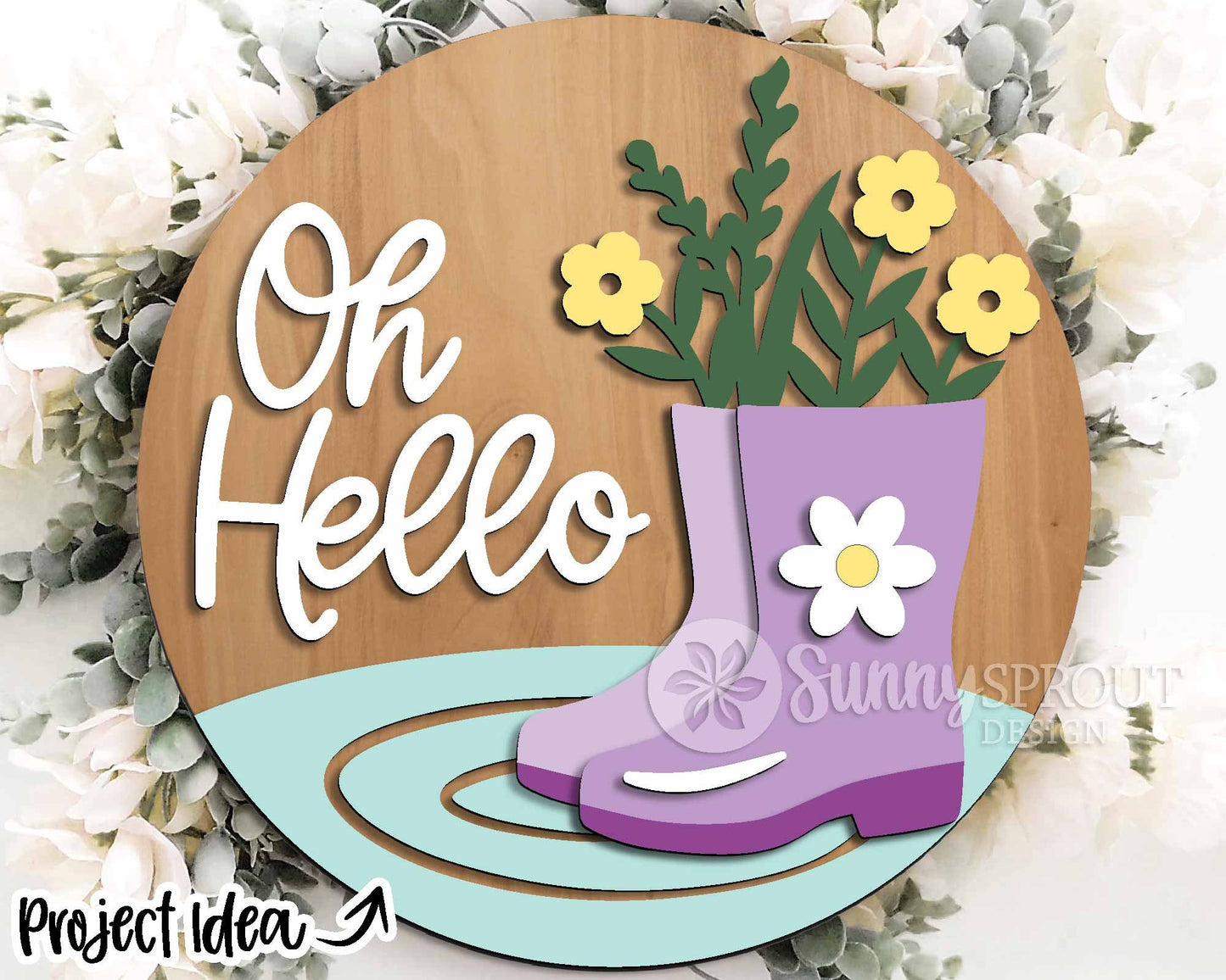 Oh Hello Rain Boots Flowers Sign, Digital download, SVG Laser cut file, Cricut, Round door hanger design, Spring decor