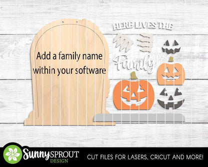 Gravestone Family Name Sign, Digital Download, SVG Laser Cut File, Cricut, Halloween Door Hanger Design, Personalize