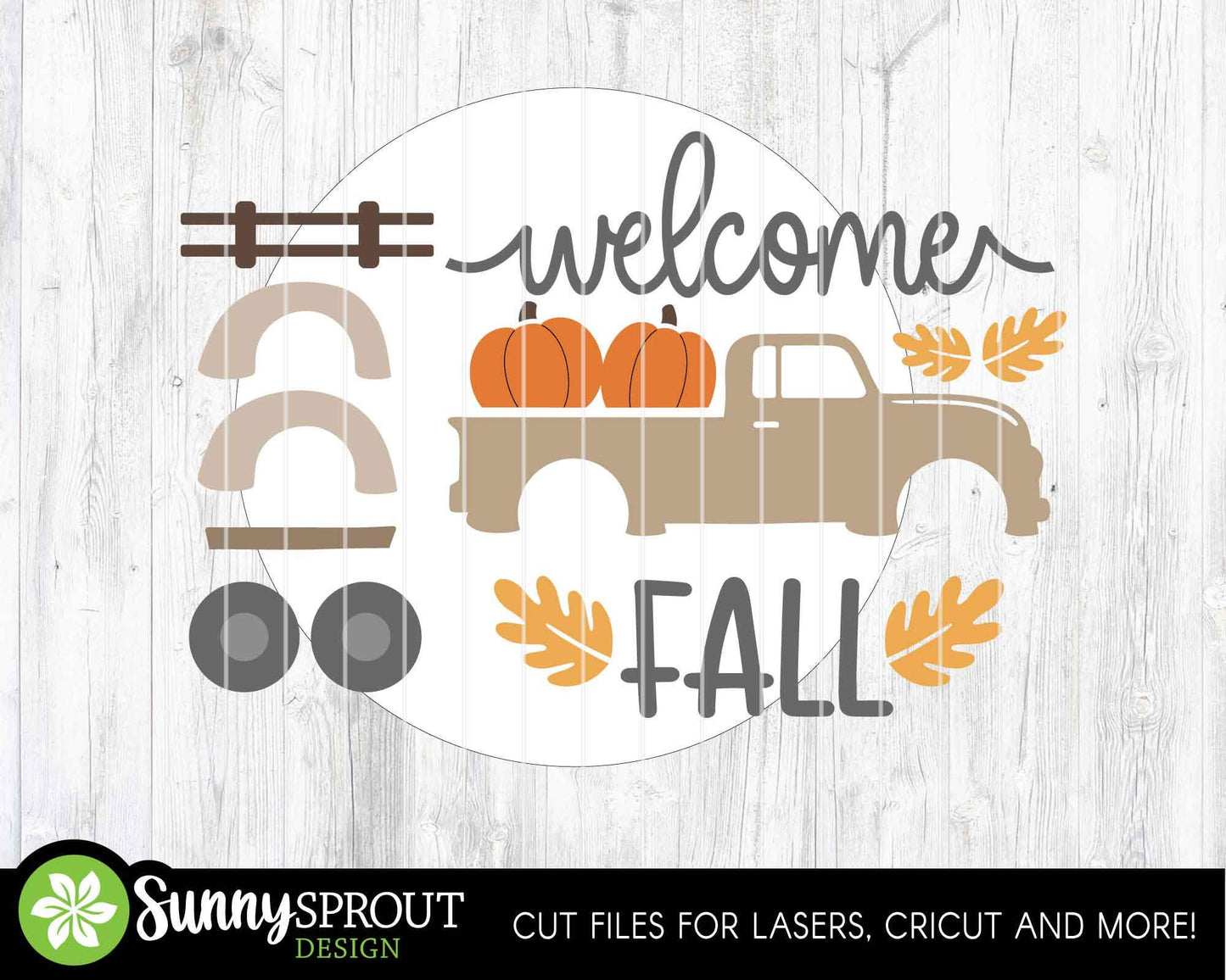 Welcome Fall Pumpkin Truck Sign, Digital Download, SVG Laser Cut File, Cricut, Round Fall Farmhouse Door Hanger Design