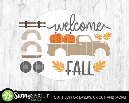 Welcome Fall Pumpkin Truck Sign, Digital Download, SVG Laser Cut File, Cricut, Round Fall Farmhouse Door Hanger Design