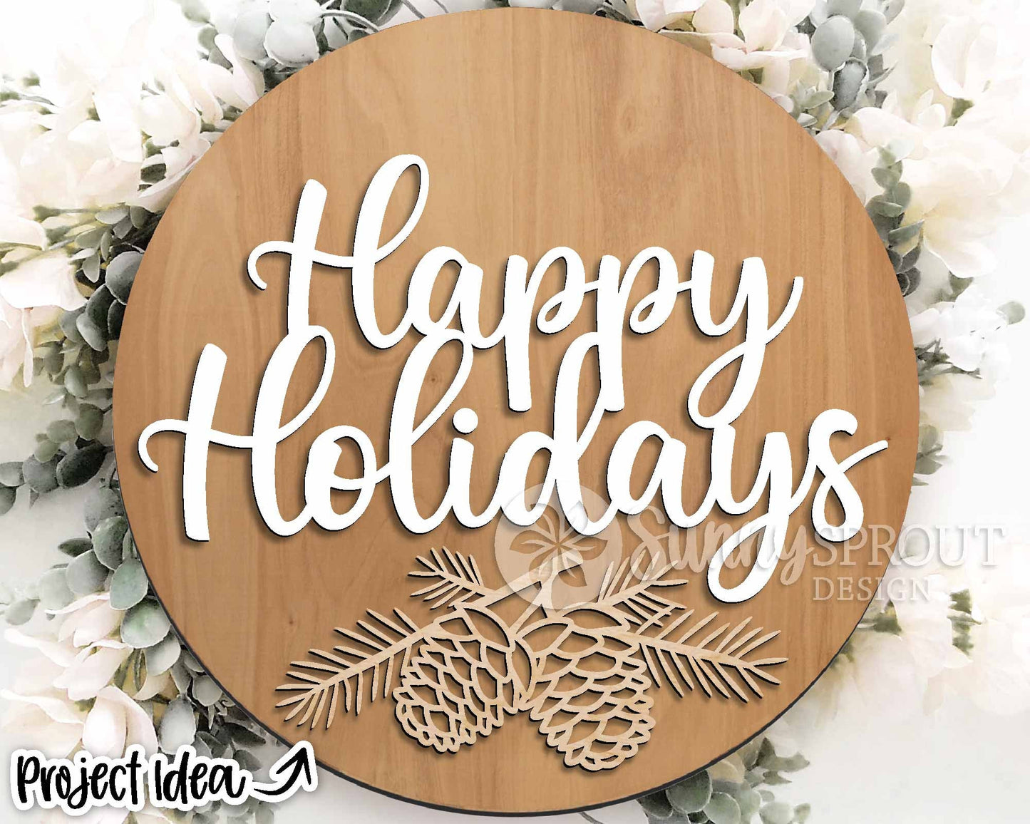 Happy Holidays Pine Branch Sign, Digital Download, SVG Laser Cut File, Cricut, Round Door Hanger Design, Christmas Decor