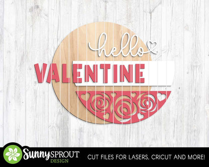 Hello Valentine Roses Welcome Sign, Digital Download, SVG Laser Cut File, Cricut, Round Door Hanger Design, Valentine's Day Decor