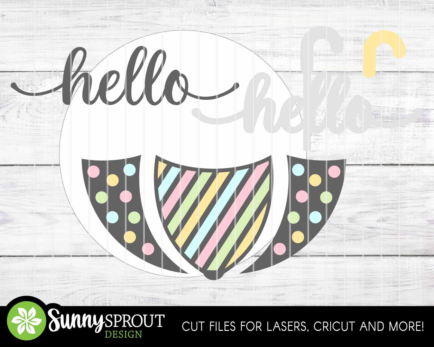 Hello Upside Down Umbrella Sign, Digital download, SVG Laser cut file, Cricut, Round door hanger design, Spring Easter decor